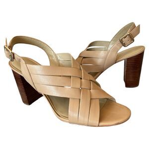 Ann Taylor Ankle Strap‎ Leather Block Heels Woman  Sandals Shoes Nude Size 9.5 M